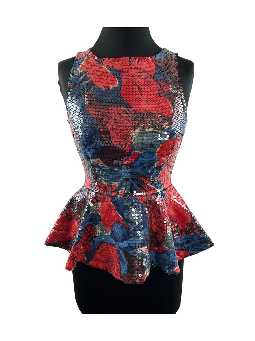 Anthropologie WOLVEN Sequin Peplum Top Red Blue Round Neck Sleeveless Size 0